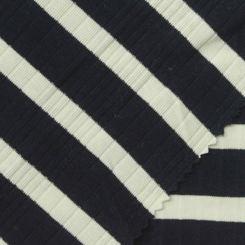 Navy Horizontal-Stripe Rib Knit, Cotton-Viscose