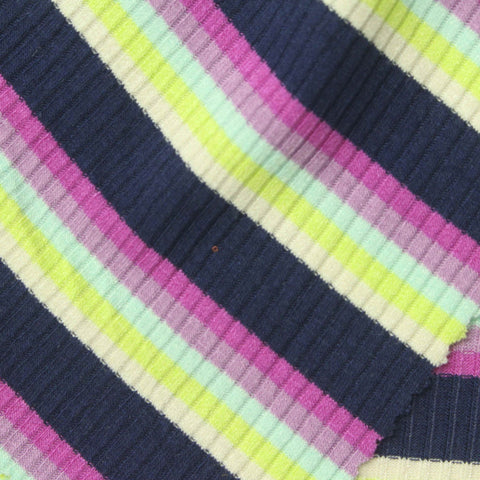 Dark Blue Horizontal-Stripe Rib Knit, Poly-Viscose, 240 gsm
