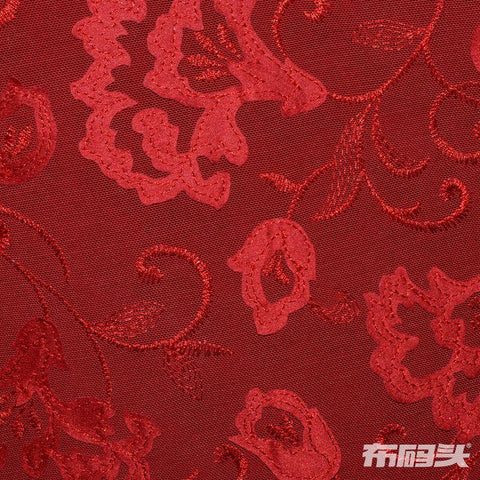 Red Tone-on-Tone Floral Satin, Polyester