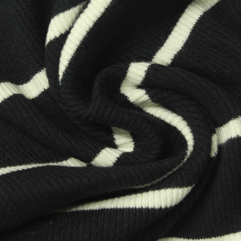Striped Cotton Stretch Rib Knit Fabric, 300 gsm, 150 cm — Black