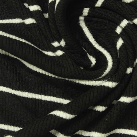 Black Horizontal-Stripe Rib Knit, Polyester, 252 gsm