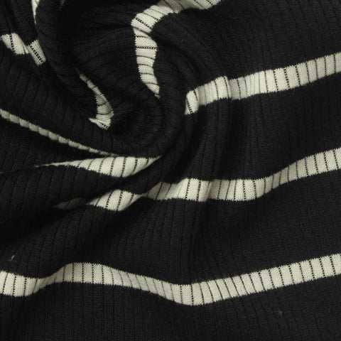 White Horizontal-Stripe Rib Knit, Poly-Viscose, 240 gsm