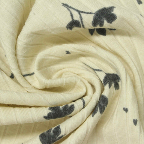 Dark Grey Floral Rib Knit, Cotton-Poly