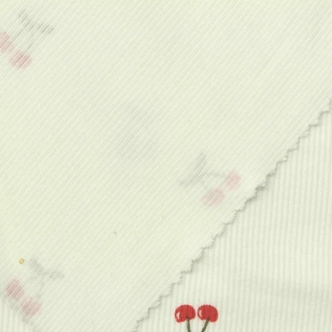 Fine Floral Cotton Stretch Rib Knit Fabric, 220 gsm, 129 cm — Beige