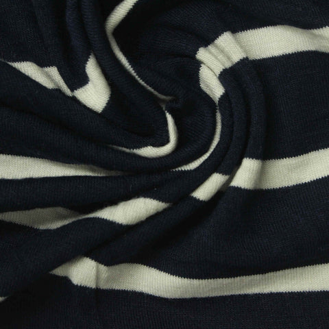 Navy Horizontal-Stripe Jersey Knit, Poly-Viscose, 206 gsm