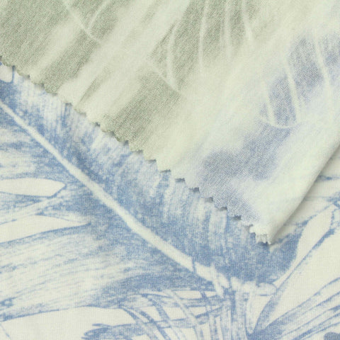 Blue Tropical-Leaf Jersey Knit, Viscose