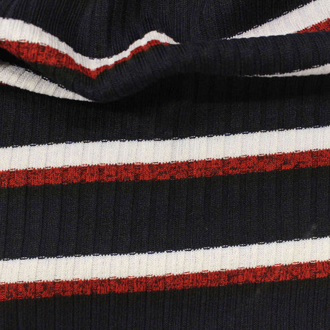 Navy Horizontal-Stripe Rib Knit, Poly-Viscose, 288 gsm