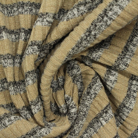 Beige Horizontal-Stripe Rib Knit, Poly-Viscose, 420 gsm