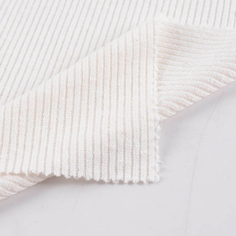 Striped Polyester Viscose Stretch Rib Knit Fabric, 228 gsm — White