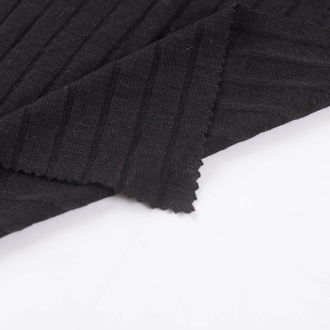Striped Viscose Polyester Stretch Rib Knit Fabric, 215 gsm, 160 cm — Black