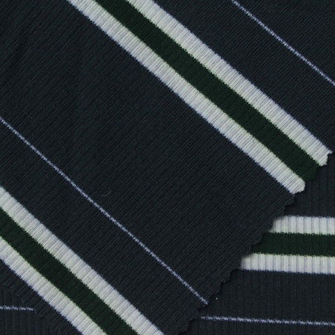 Dark Blue Horizontal-Stripe Rib Knit, Polyester, 305 gsm