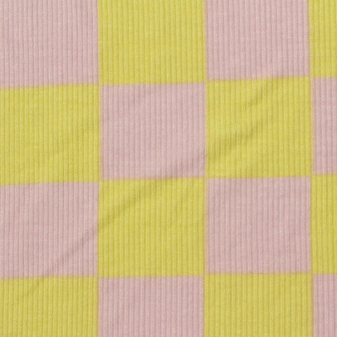 Bold Plaid Viscose Stretch Rib Knit Fabric, 210 gsm, 175 cm — Pink
