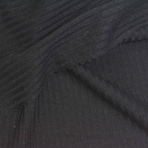 Polyester Viscose Stretch Rib Knit Fabric, 215 gsm, 155 cm — Black