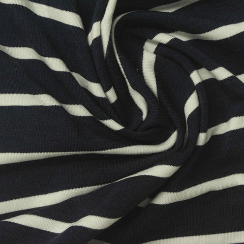 White Horizontal-Stripe Jersey Knit, Viscose-Cotton