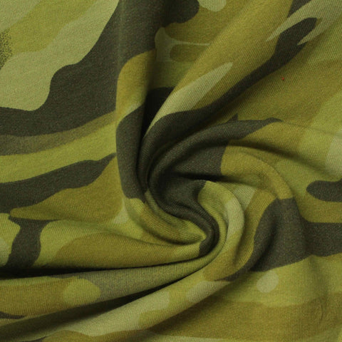 Printed Brushed Polyester Modal Stretch French Terry Fabric, 245 gsm, 165 cm — Green