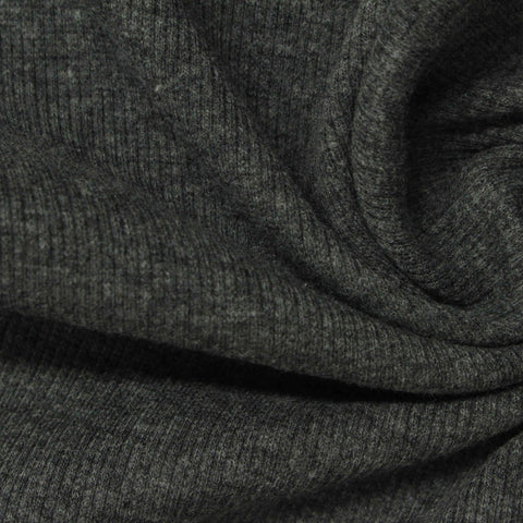 Dark Grey Heathered-Marl Rib Knit, Poly-Cotton, 270 gsm
