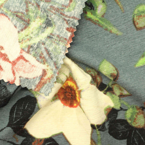 Cream Flowers Jersey Knit, Polyester, 243 gsm