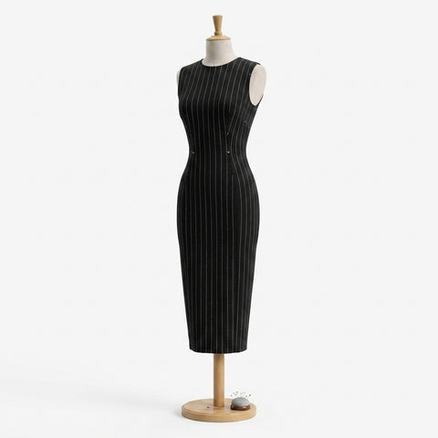White Vertical-Pinstripe Ponte Knit, Polyester, 315 gsm