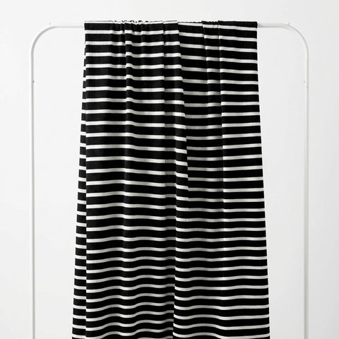 Black Horizontal-Stripe Rib Knit, Poly-Viscose, 220 gsm, 137 cm
