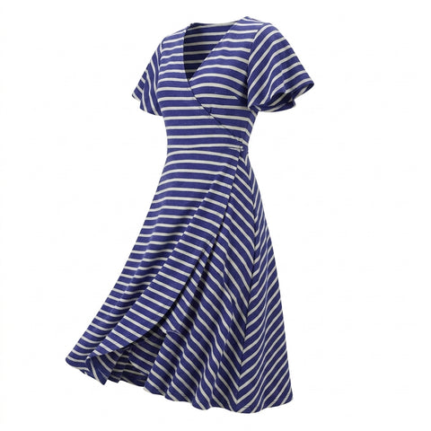 Blue Horizontal-Stripe French Terry, Poly-Cotton, 406 gsm