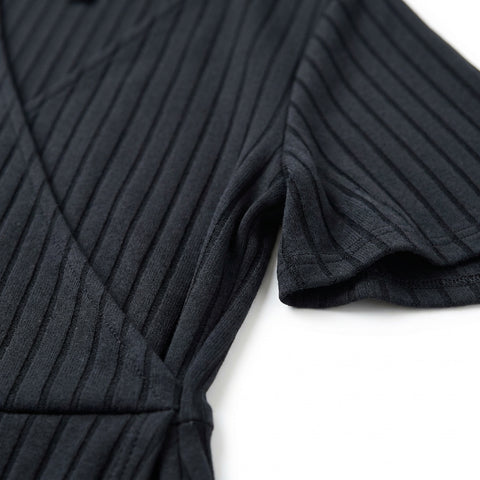 Black Vertical-Stripe Rib Knit, Polyester, 240 gsm
