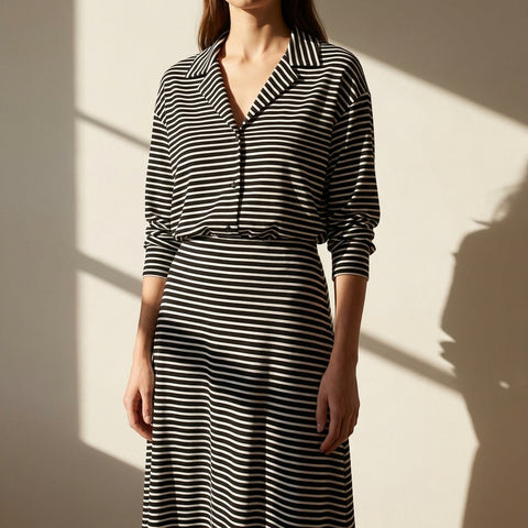 Black Vertical-Stripe Jersey Knit, Viscose, 165 gsm