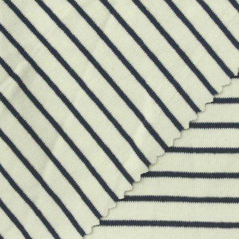 Beige Horizontal-Stripe Rib Knit, Cotton, 220 gsm