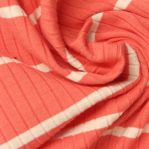 Coral Horizontal-Stripe Rib Knit, Cotton-Poly, 206 gsm