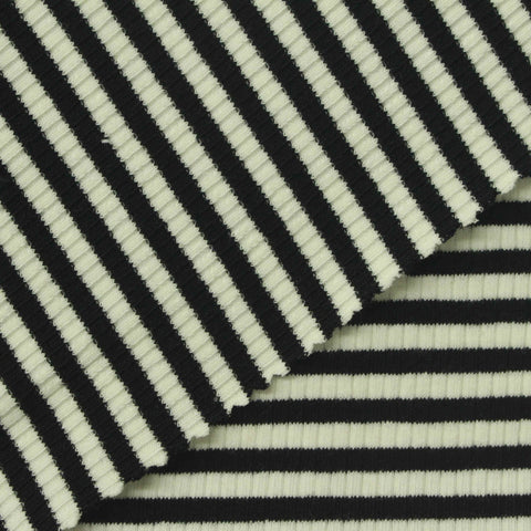Black Horizontal-Stripe Rib Knit, Cotton, 220 gsm, 130 cm
