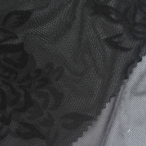 Bold Floral Flocked Polyester Stretch Mesh Fabric, 118 gsm, 160 cm — Black