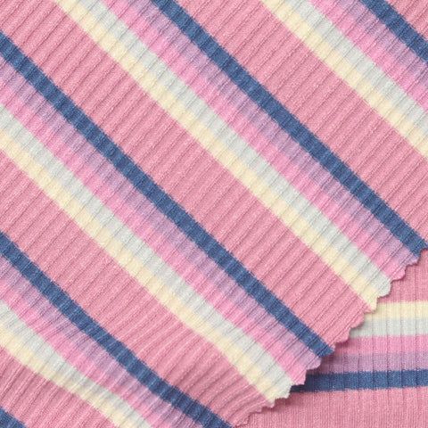 Pink Horizontal-Stripe Rib Knit, Poly-Viscose, 230 gsm