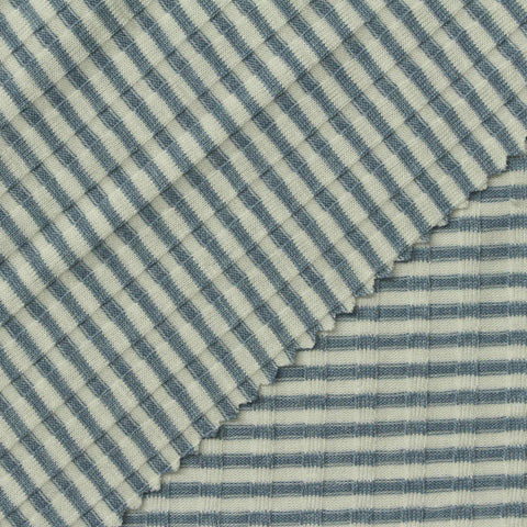 Blue Horizontal-Stripe Rib Knit, Viscose-Poly