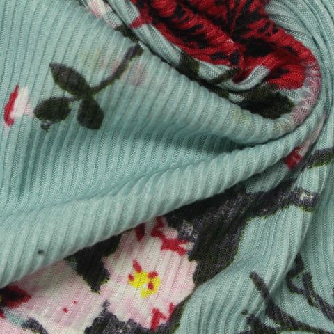 Pink Flowers Rib Knit, Polyester, 165 gsm, ref EF-234512