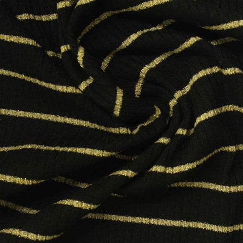 Black Horizontal-Stripe Rib Knit, Poly-Viscose, 225 gsm