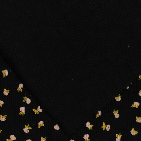 Pink Flowers Rib Knit, Viscose, 290 gsm