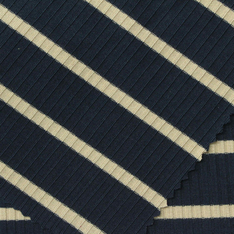 Navy Horizontal-Stripe Rib Knit, Viscose, 250 gsm, 150 cm