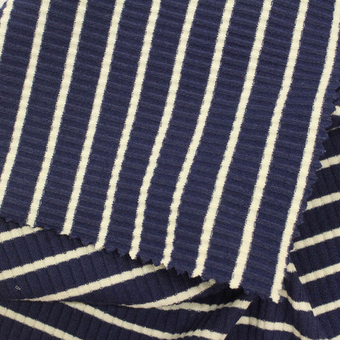 Navy Horizontal-Stripe Rib Knit, Viscose, 304 gsm