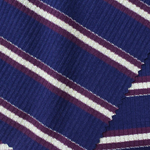 Navy Horizontal-Stripe Rib Knit, Poly-Viscose, 208 gsm