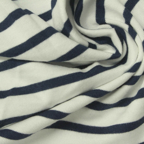 Navy Horizontal-Stripe Jersey Knit, Cotton-Modal, 200 gsm