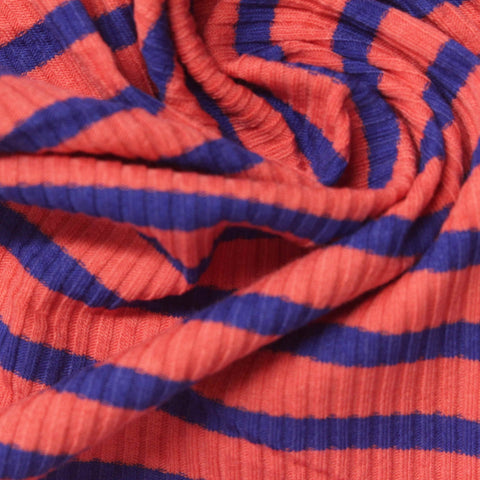 Coral Horizontal-Stripe Rib Knit, Cotton-Poly, 190 gsm