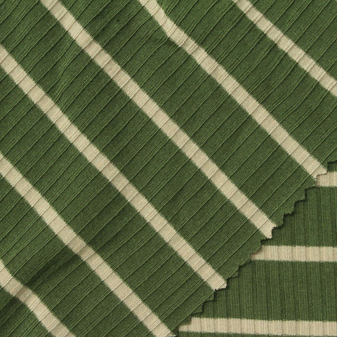 Green Horizontal-Stripe Rib Knit, Viscose, 280 gsm