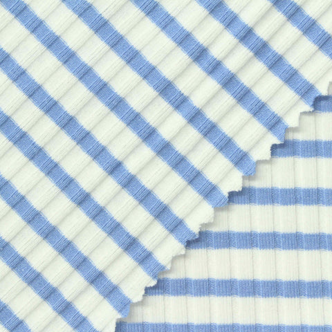 Blue Horizontal-Stripe Rib Knit, Poly-Cotton, 200 gsm