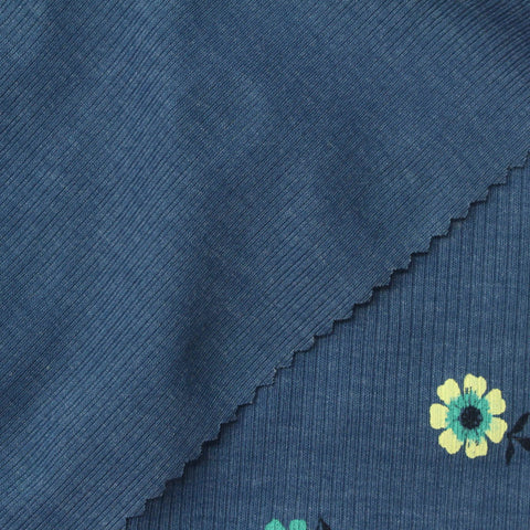 Yellow Flowers Rib Knit, Cotton-Poly