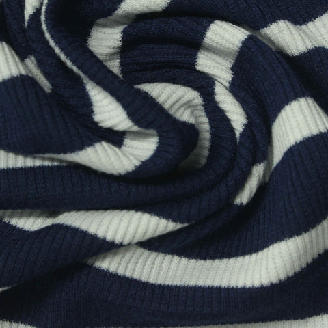 Navy Horizontal-Stripe Rib Knit, Poly-Viscose, 230 gsm