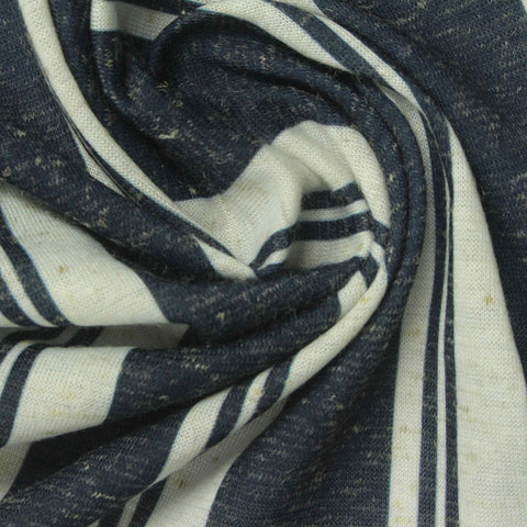 Dark Blue Vertical-Stripe Jersey Knit, Poly-Linen