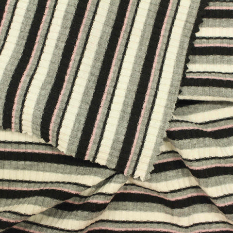 Black Horizontal-Stripe Rib Knit, Poly-Viscose, 203 gsm