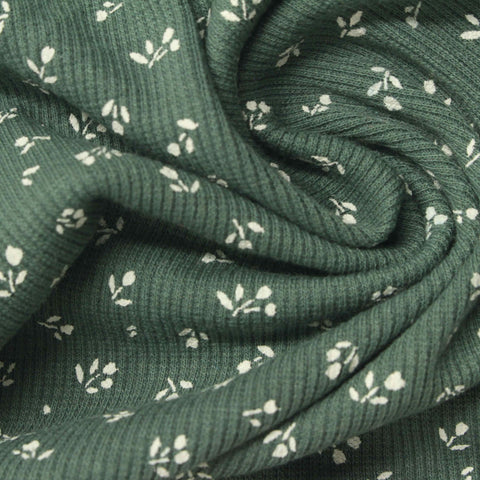 White Floral Rib Knit, Poly-Cotton, 250 gsm