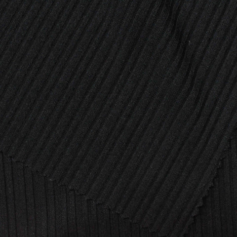 Polyester Viscose Stretch Rib Knit Fabric, 225 gsm, 150 cm — Black