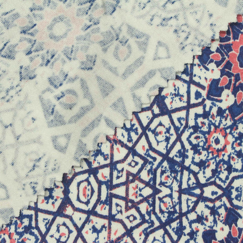 Blue Geometric-Floral Jersey Knit, Viscose