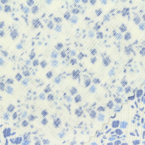 Blue Floral Rib Knit, Polyester, 180 gsm
